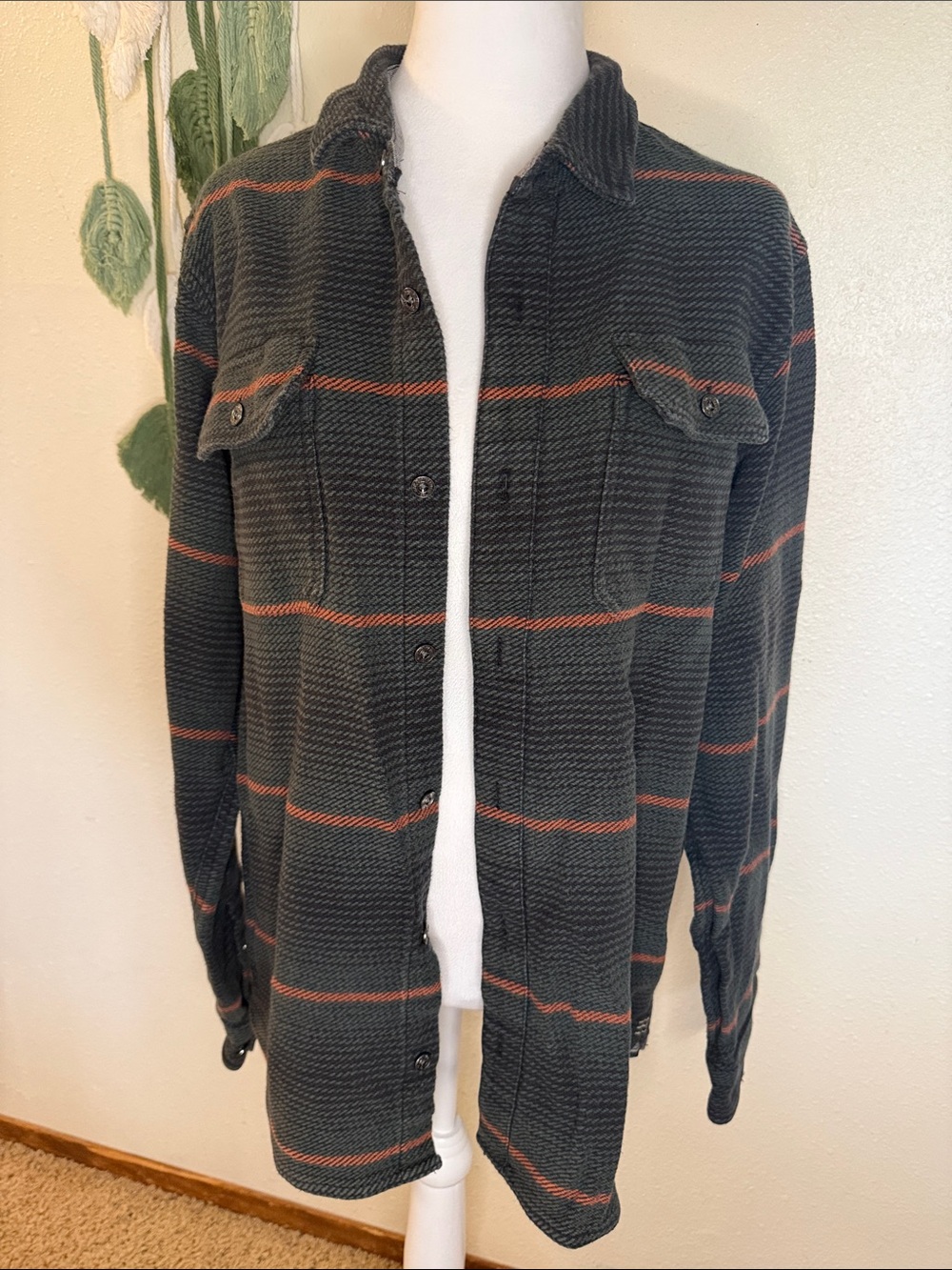 Jetty Men’s Casual Deep Green Button-Down Shirt with Rust Stripe
